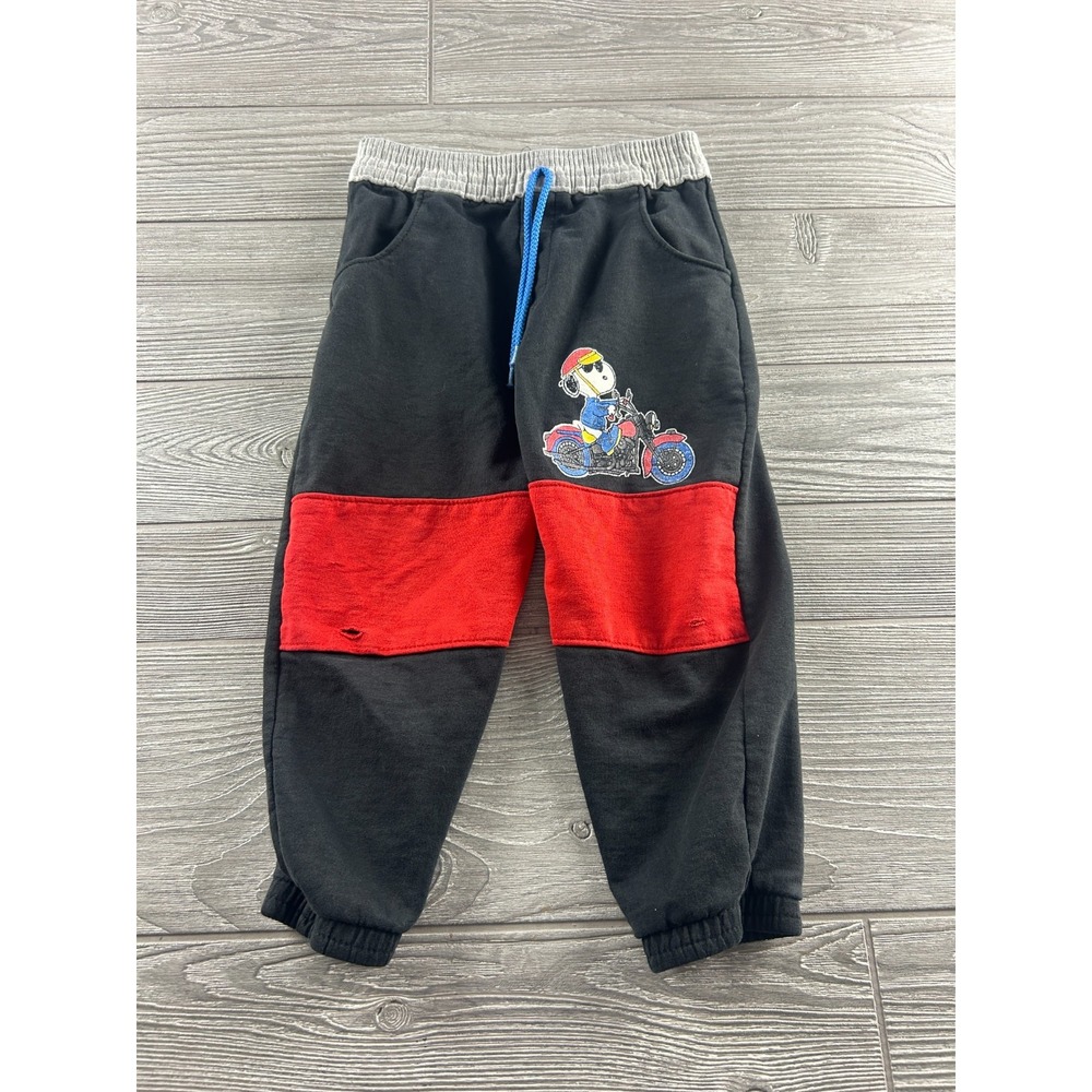 VTG Peanuts Snoopy Motorcycle Sweatpants 3T Black Red Jogger Lounge Pants